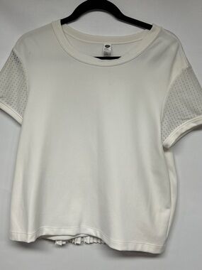 Women's White Short Sleeve Crewneck Top with Perforated Sleeves